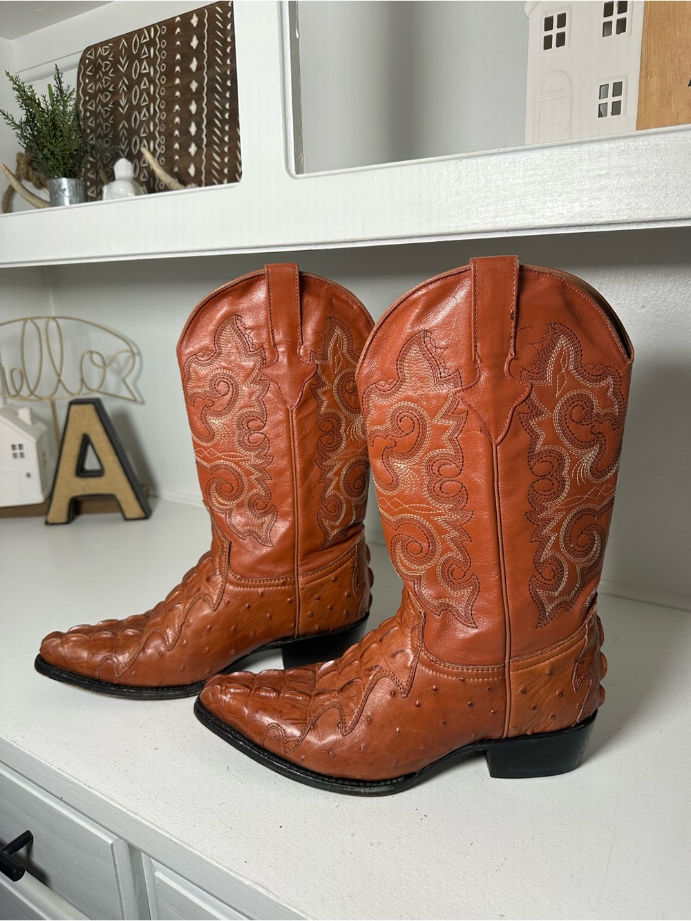 Team West Ostrich Print Croc Cowboy  Mens 8 Womens 9.5 Brown Western Boots
